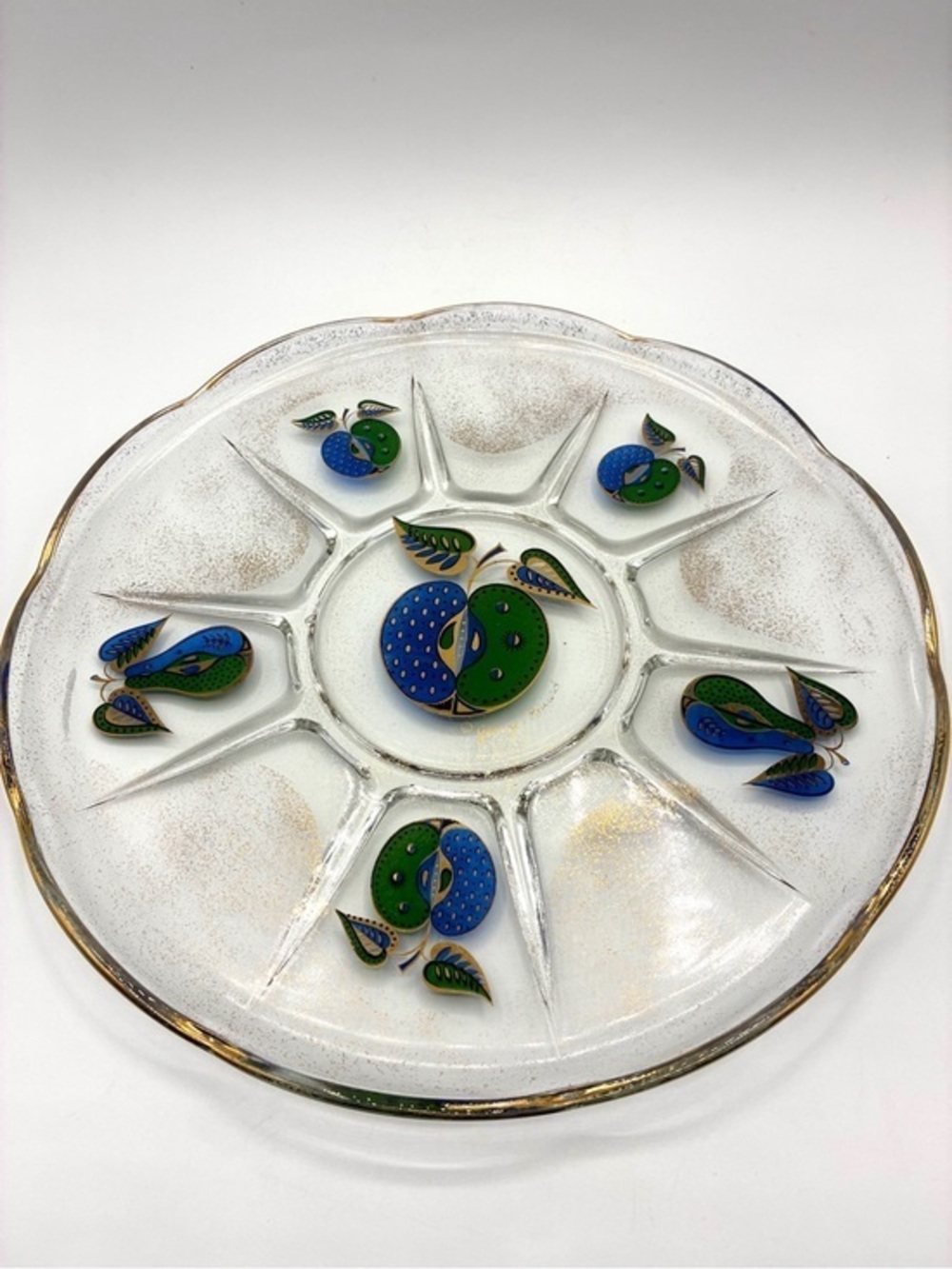 Vintage Georges Briard Divided Glass Serving Tray Gold Blue Green Fruit MCM